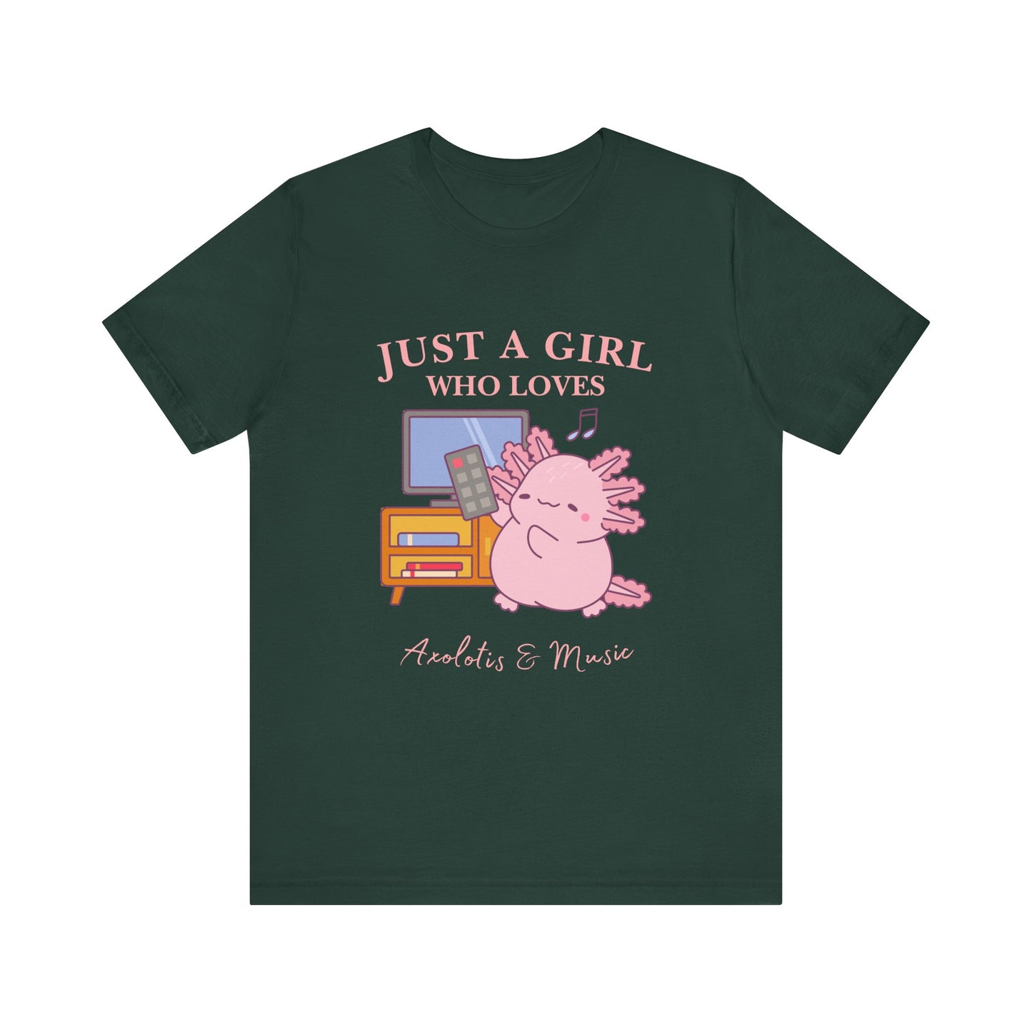 Cute Music Lover Tee, Just a Girl Who Loves, Gift for Her, Music Aesthetics, Anime Style T-shirt, Unique Graphic Tee, Axolotis T-shirt
