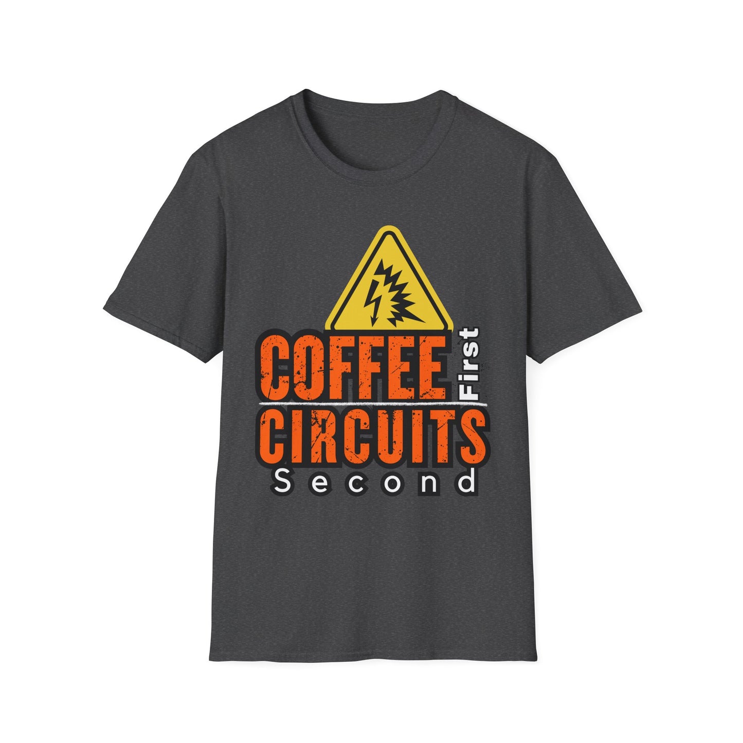 Coffee First Circuits Second Unisex T-Shirt, Funny Gift for Engineers, Electrician Tee, Tech Lover Apparel, Casual Wear, Birthday Gift