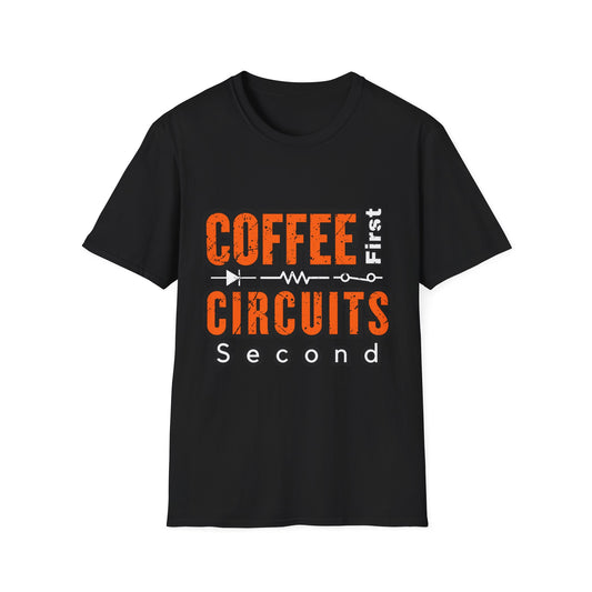 Coffee First Circuits Second Diode nisex Softstyle T-Shirt | Gift for Engineers, Electrician, Tech Lovers, DIY Design