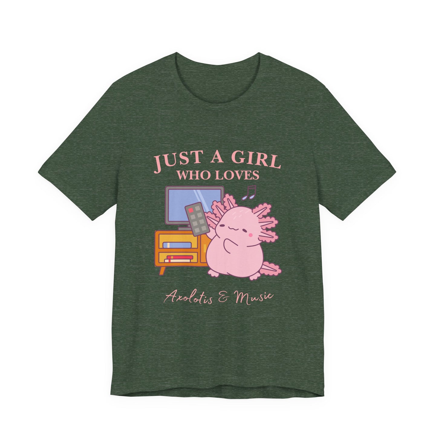 Cute Music Lover Tee, Just a Girl Who Loves, Gift for Her, Music Aesthetics, Anime Style T-shirt, Unique Graphic Tee, Axolotis T-shirt