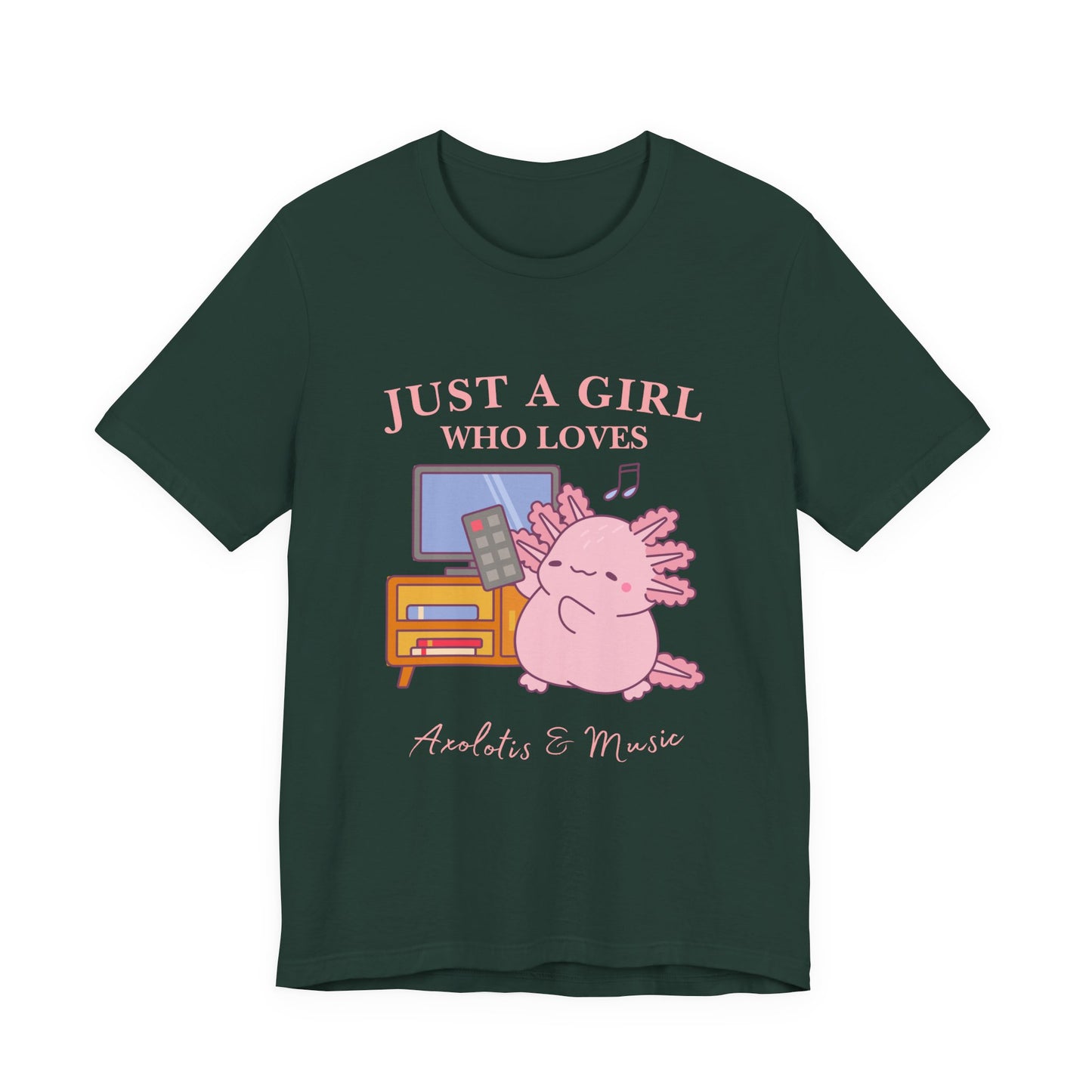 Cute Music Lover Tee, Just a Girl Who Loves, Gift for Her, Music Aesthetics, Anime Style T-shirt, Unique Graphic Tee, Axolotis T-shirt
