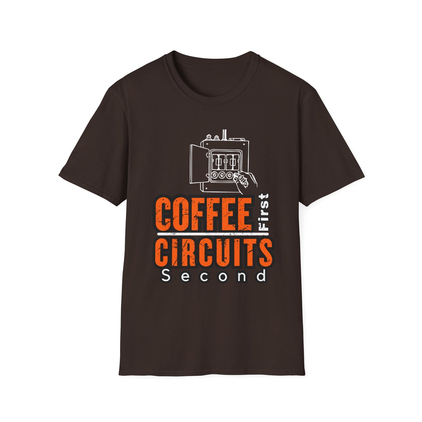 Coffee First Circuits Panel Second Unisex Softstyle T-Shirt | Electrician Shirt | Electrician T-Shirt | Electrician Gift