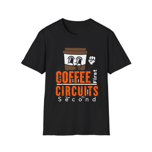 Coffee First Circuits Second Cartoon Unisex T-Shirt, Funny Coffee Tee, Gift for Engineers, Electrician T-shirt