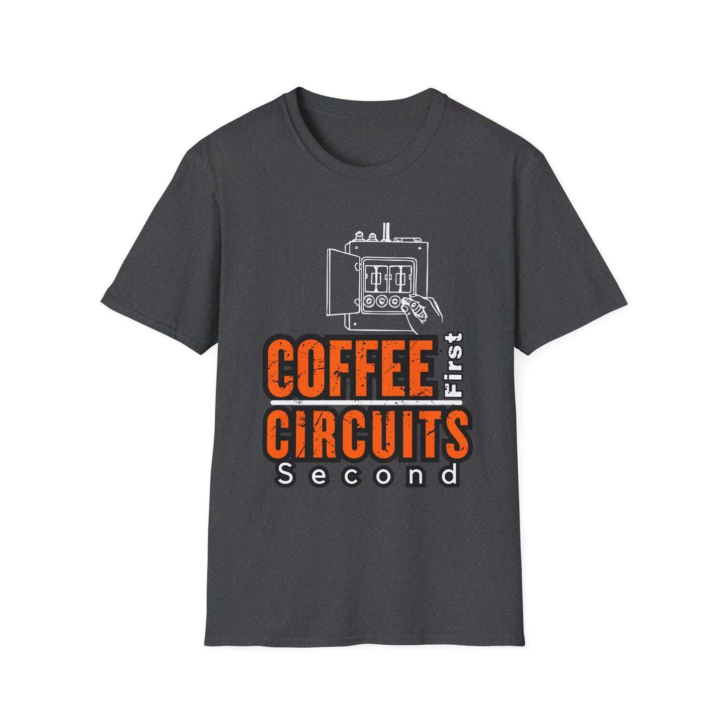 Coffee First Circuits Panel Second Unisex Softstyle T-Shirt | Electrician Shirt | Electrician T-Shirt | Electrician Gift