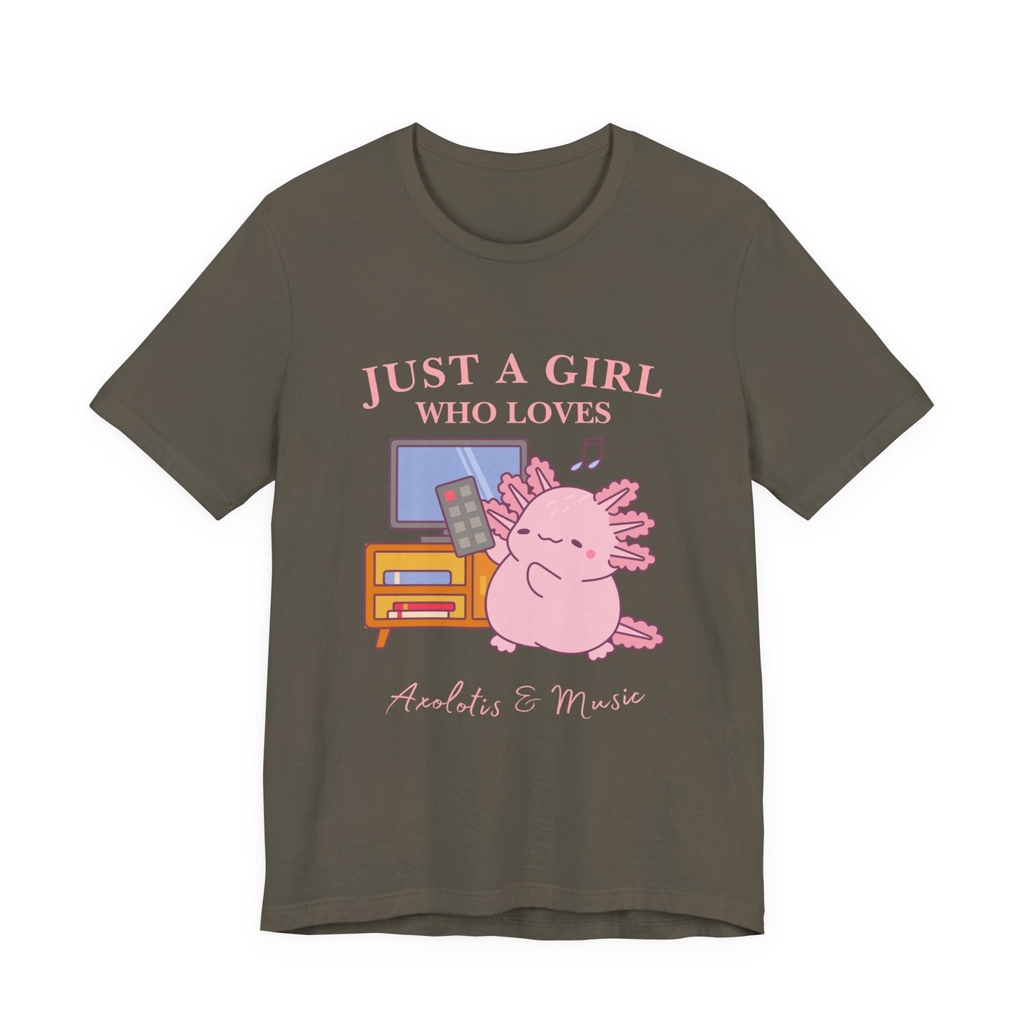 Cute Music Lover Tee, Just a Girl Who Loves, Gift for Her, Music Aesthetics, Anime Style T-shirt, Unique Graphic Tee, Axolotis T-shirt