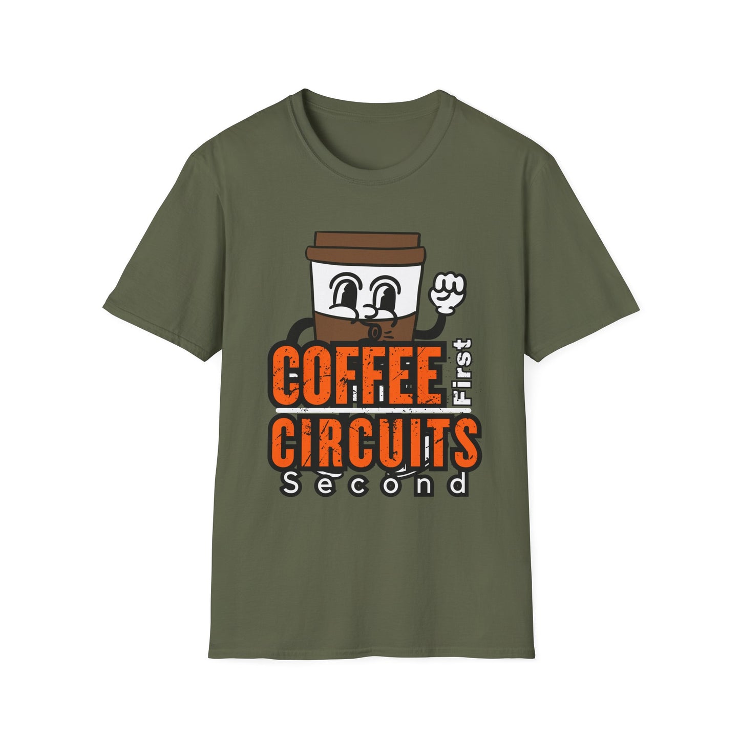 Coffee First Circuits Second Cartoon Unisex T-Shirt, Funny Coffee Tee, Gift for Engineers, Electrician T-shirt