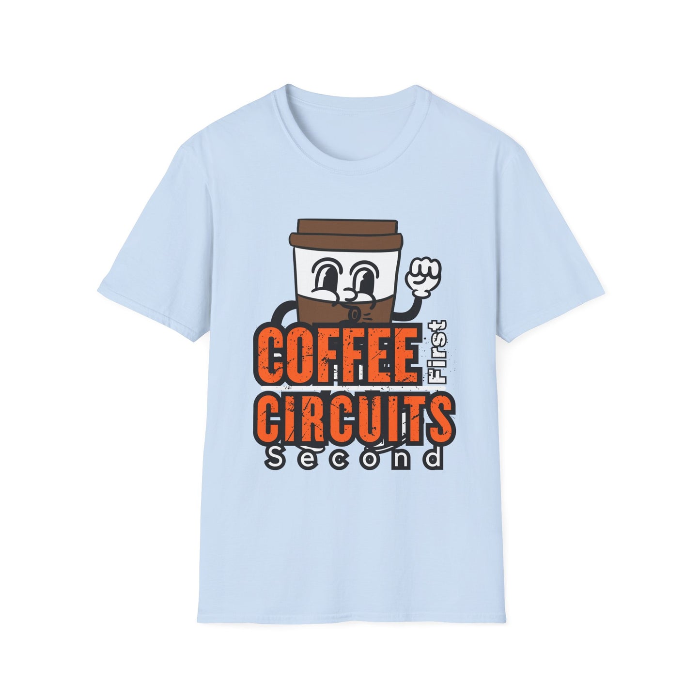 Coffee First Circuits Second Cartoon Unisex T-Shirt, Funny Coffee Tee, Gift for Engineers, Electrician T-shirt