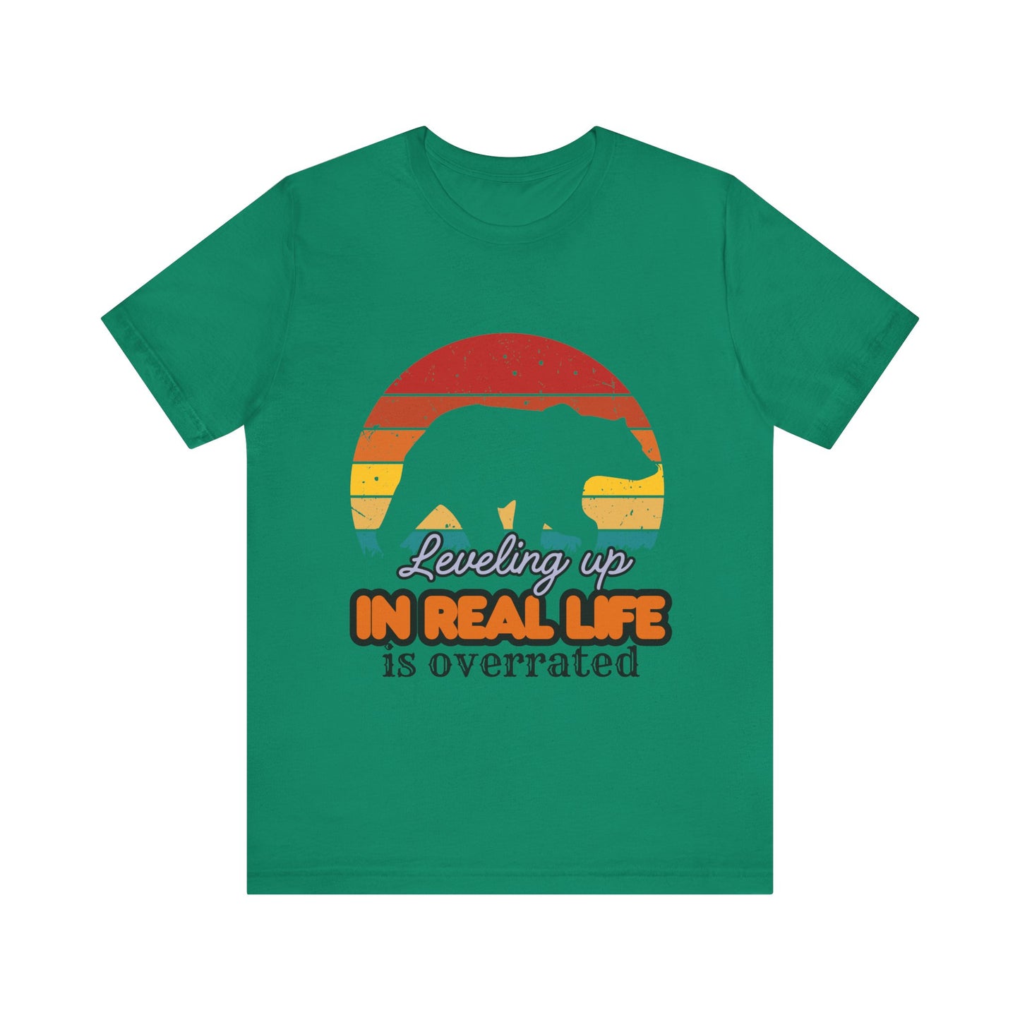 Retro Bear Graphic Tee - 'Leveling Up in Real Life is Overrated', Casual Wear, Gifts for Nature Lovers, Outdoor Adventures, Everyday Style, Gamer Tee