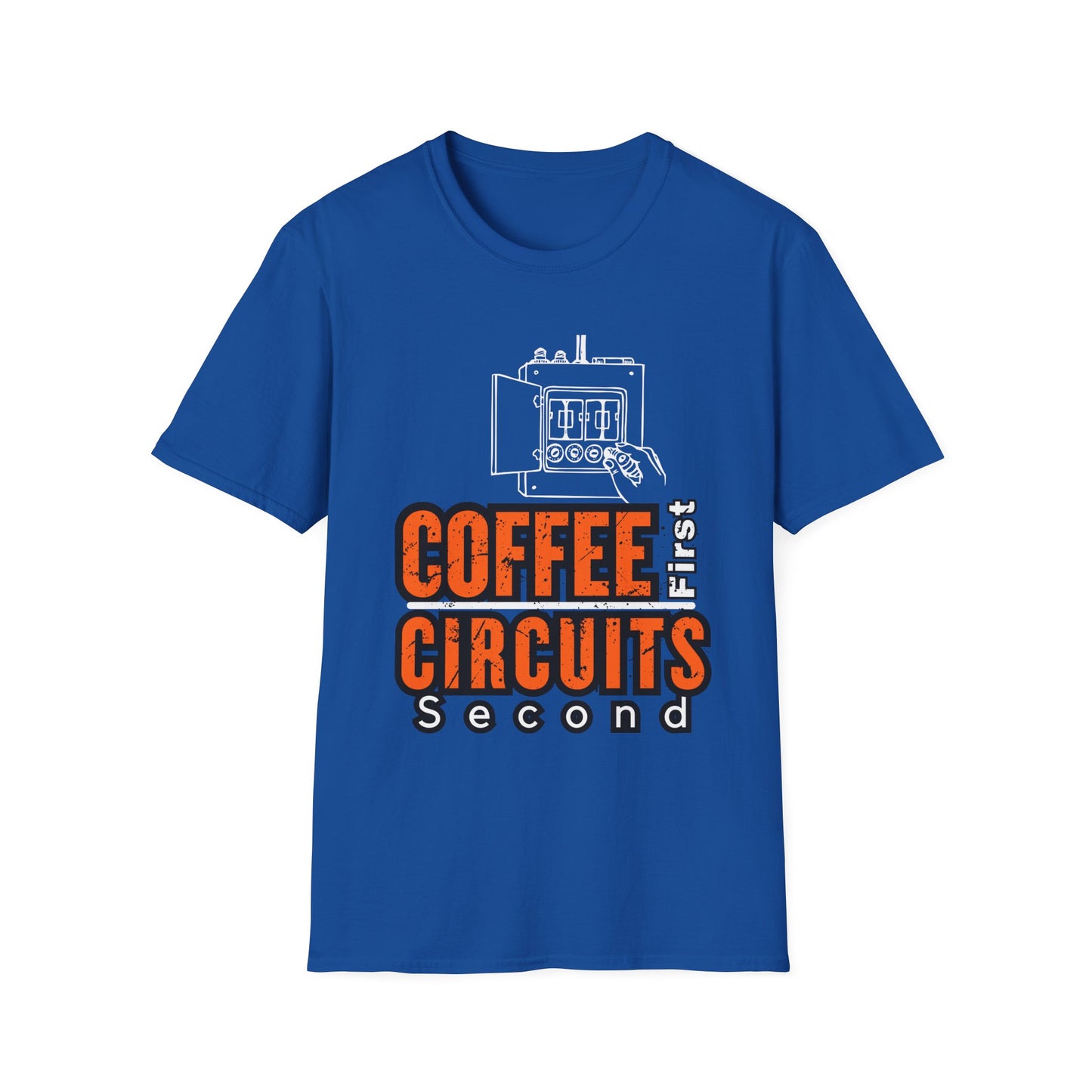 Coffee First Circuits Panel Second Unisex Softstyle T-Shirt | Electrician Shirt | Electrician T-Shirt | Electrician Gift