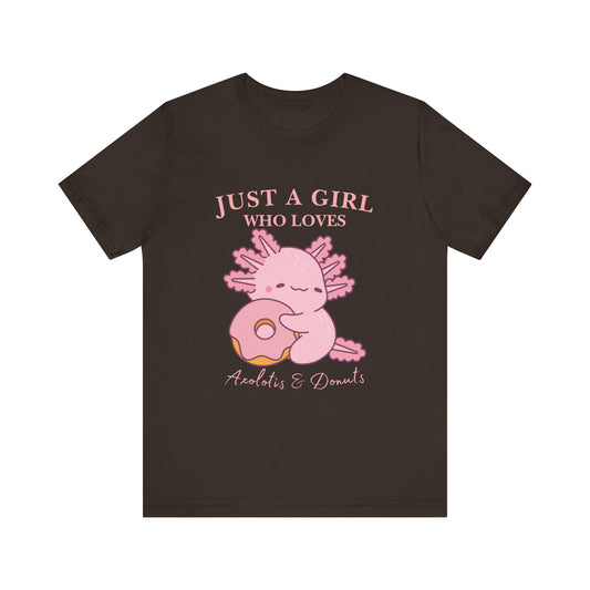Just a Girl Who Loves Donuts Tee, Cute Graphic T-Shirt, Foodie Gift, Unisex Short Sleeve Shirt, Doughnut Lover Apparel, Fun Casual Wear, Axolotis Tee