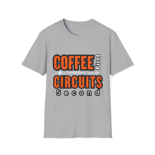 Coffee First Circuits Second Diode nisex Softstyle T-Shirt | Gift for Engineers, Electrician, Tech Lovers, DIY Design