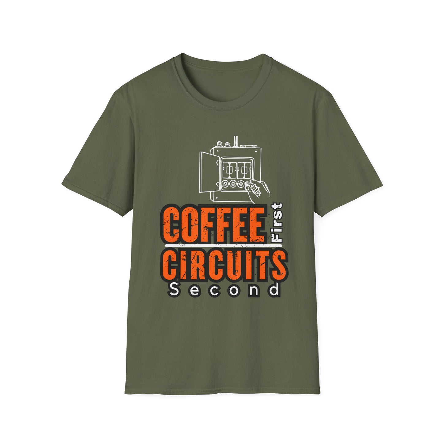 Coffee First Circuits Panel Second Unisex Softstyle T-Shirt | Electrician Shirt | Electrician T-Shirt | Electrician Gift