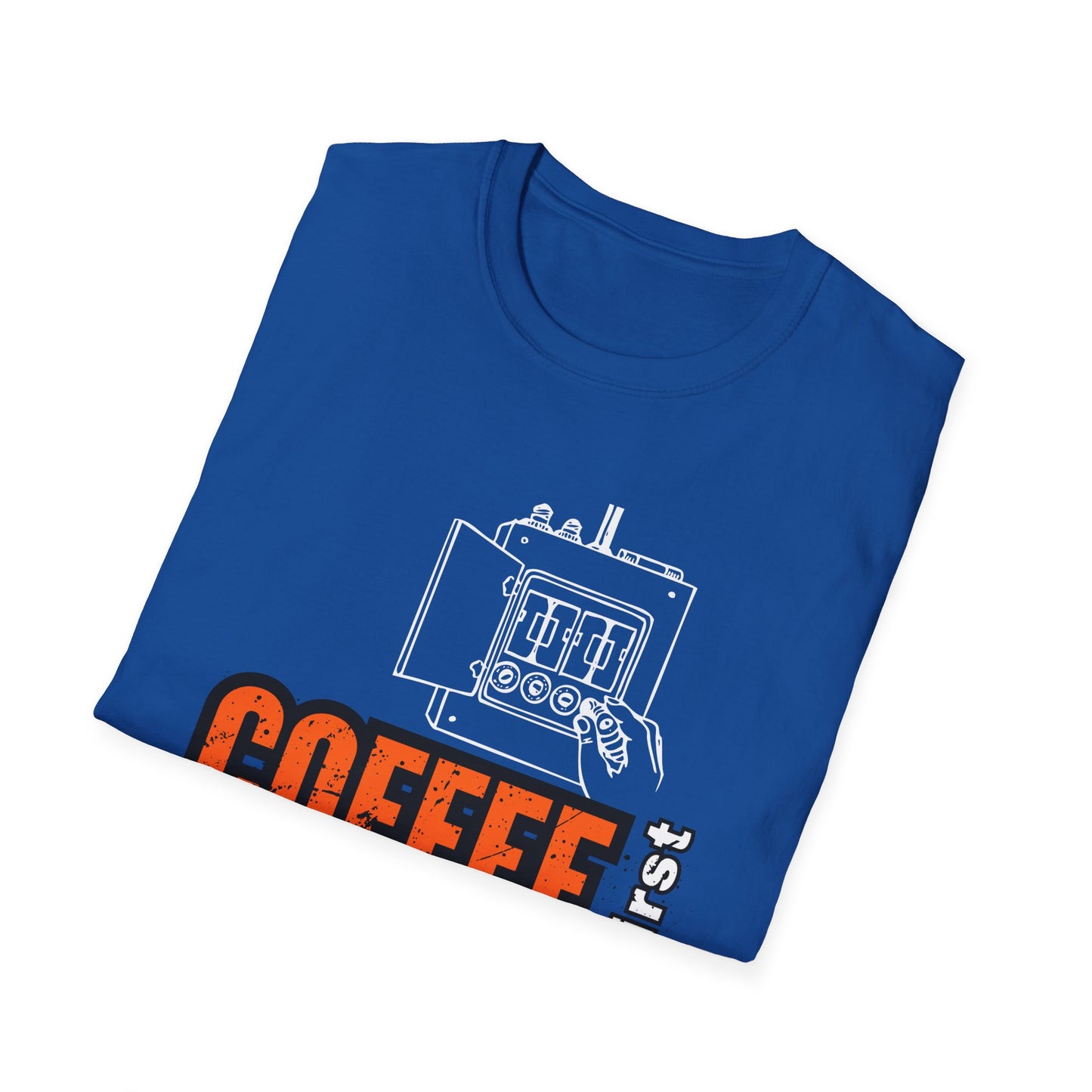 Coffee First Circuits Panel Second Unisex Softstyle T-Shirt | Electrician Shirt | Electrician T-Shirt | Electrician Gift