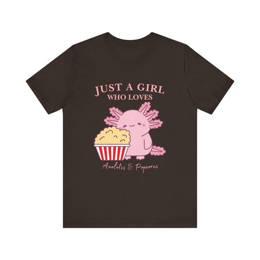 Cute Axolotl Love Popcorn Tee, Fun T-Shirt for Aquatic Lovers, Gift for Pet Lovers, Unique Animal Shirt, Casual Wear, Pop Culture Tee