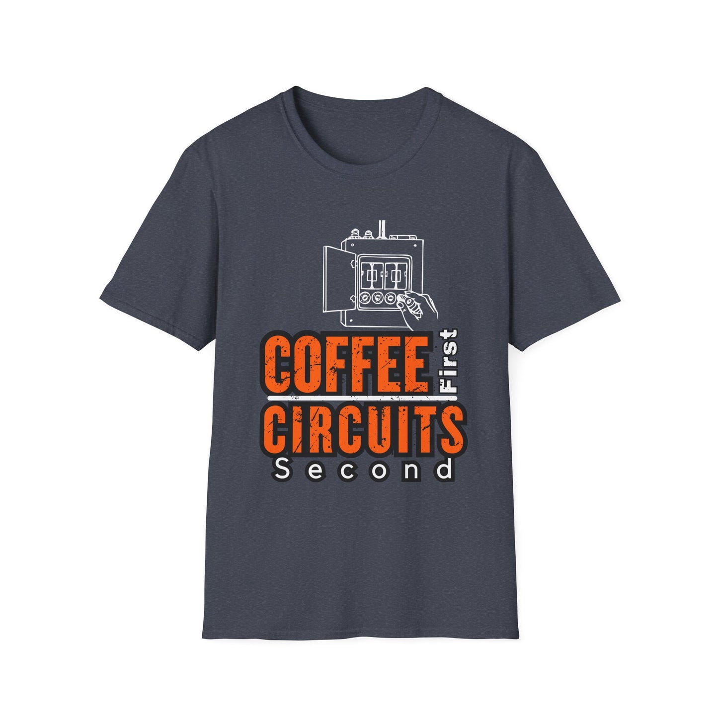 Coffee First Circuits Panel Second Unisex Softstyle T-Shirt | Electrician Shirt | Electrician T-Shirt | Electrician Gift
