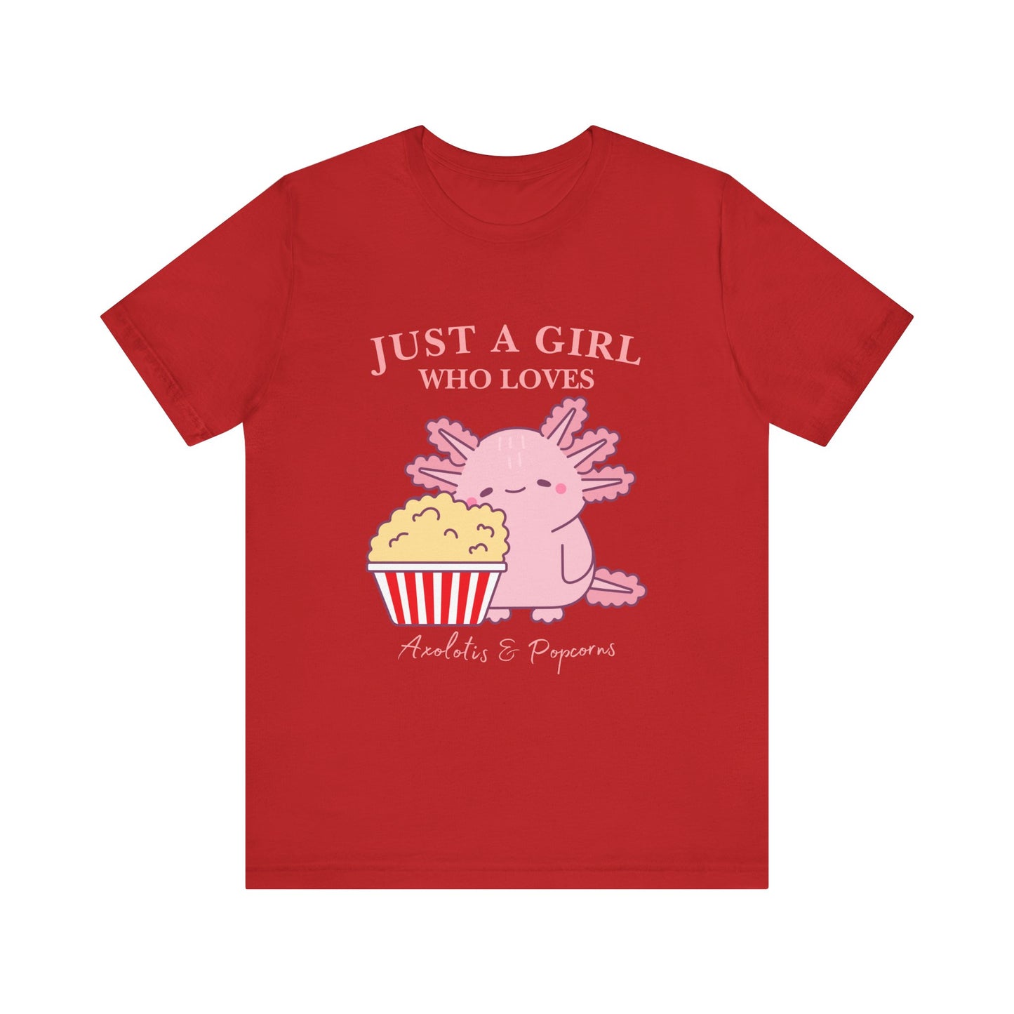 Cute Axolotl Love Popcorn Tee, Fun T-Shirt for Aquatic Lovers, Gift for Pet Lovers, Unique Animal Shirt, Casual Wear, Pop Culture Tee