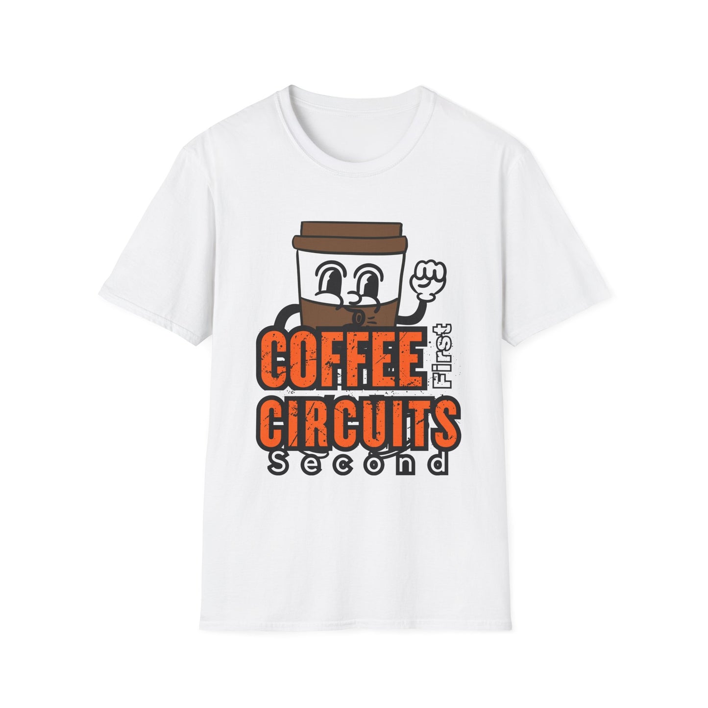 Coffee First Circuits Second Cartoon Unisex T-Shirt, Funny Coffee Tee, Gift for Engineers, Electrician T-shirt