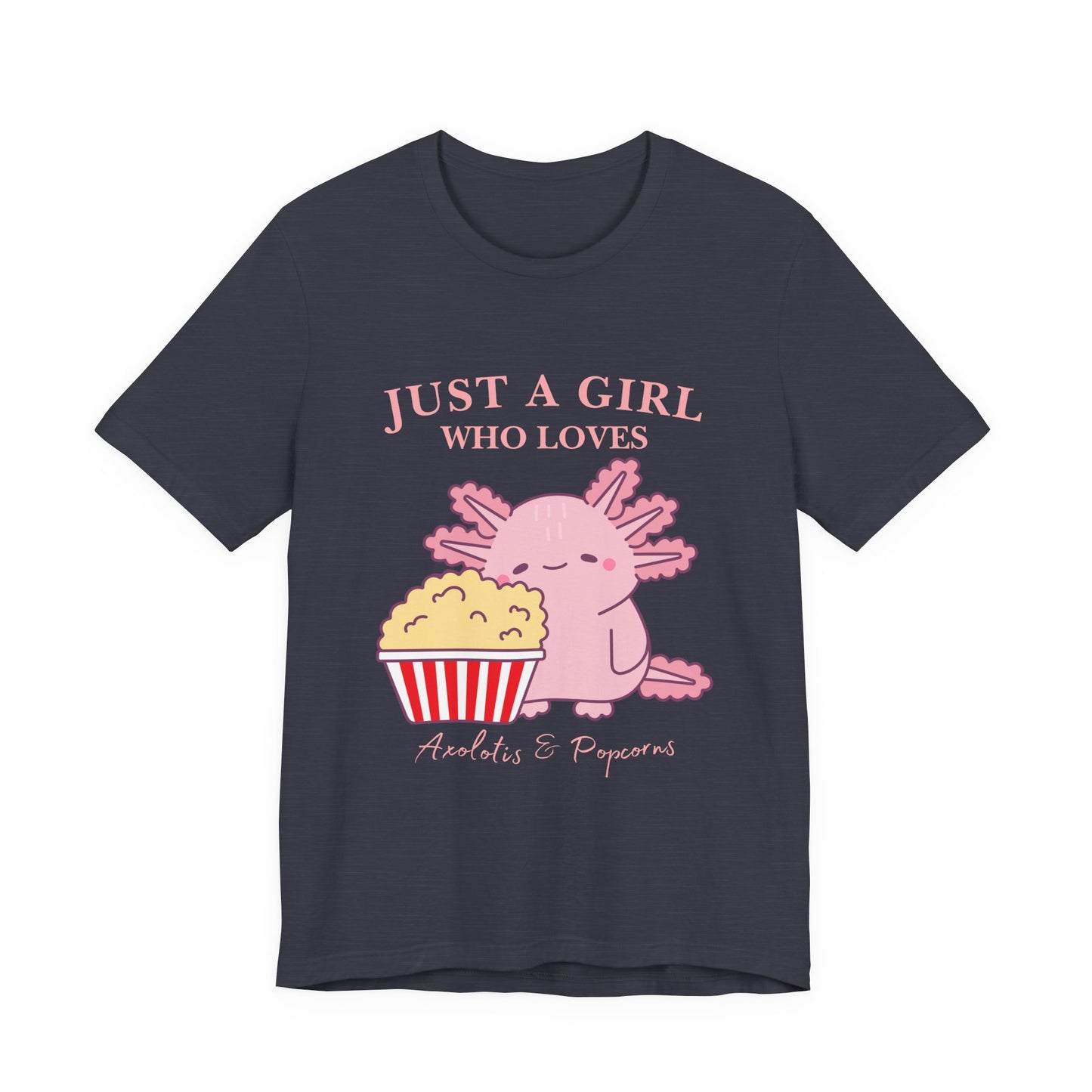 Cute Axolotl Love Popcorn Tee, Fun T-Shirt for Aquatic Lovers, Gift for Pet Lovers, Unique Animal Shirt, Casual Wear, Pop Culture Tee