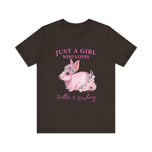Rabbits & Raspberry Lover Tee, Cute Animal T-Shirt, Girl Who Loves Rabbit T-shirt, Gift for Bunny Lovers, Animal Lover Apparel, Floral Graphic Tee