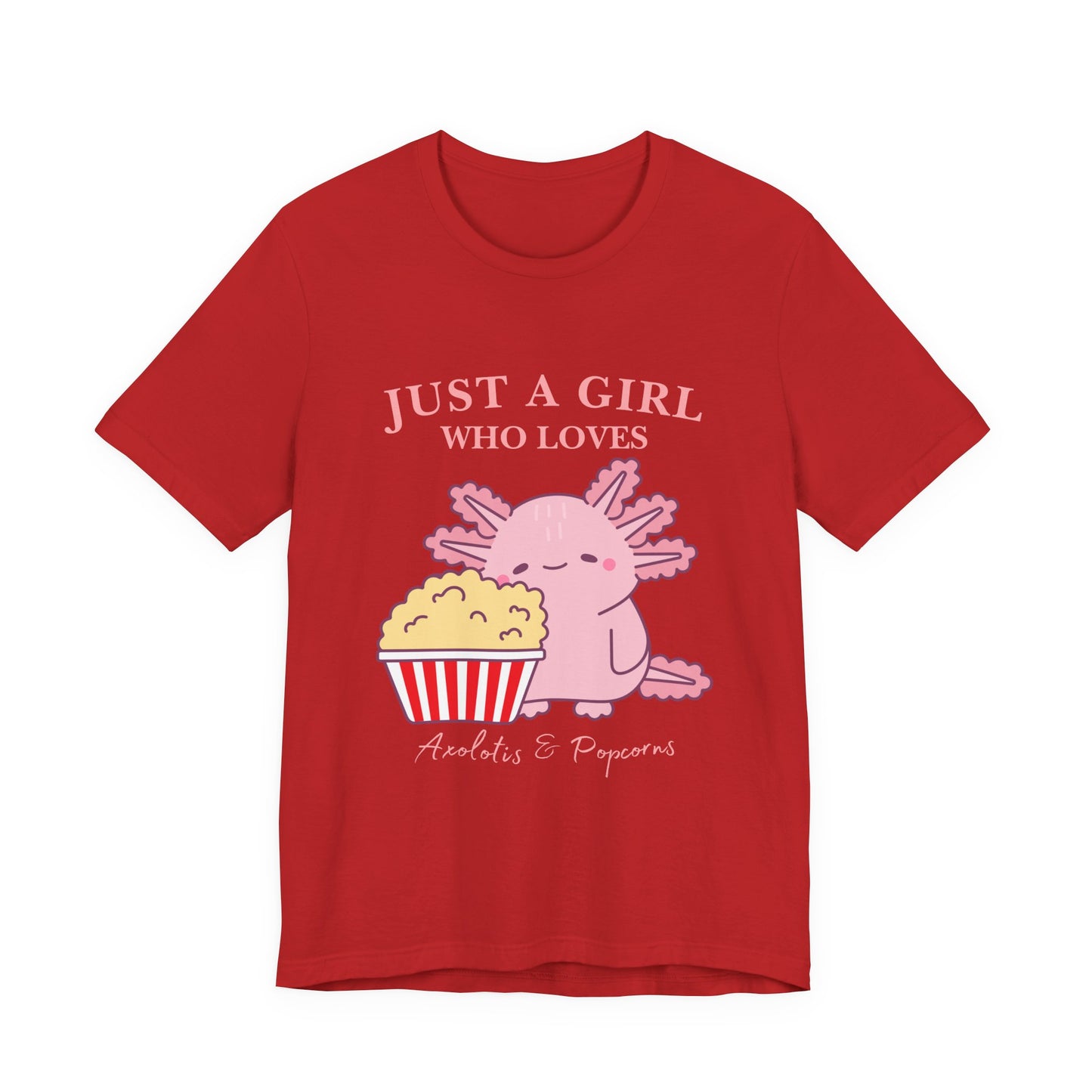 Cute Axolotl Love Popcorn Tee, Fun T-Shirt for Aquatic Lovers, Gift for Pet Lovers, Unique Animal Shirt, Casual Wear, Pop Culture Tee