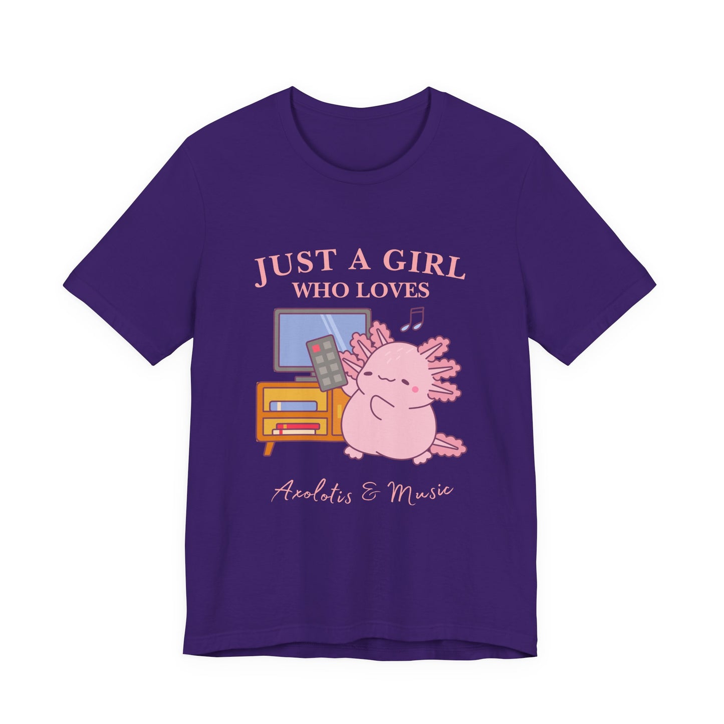 Cute Music Lover Tee, Just a Girl Who Loves, Gift for Her, Music Aesthetics, Anime Style T-shirt, Unique Graphic Tee, Axolotis T-shirt
