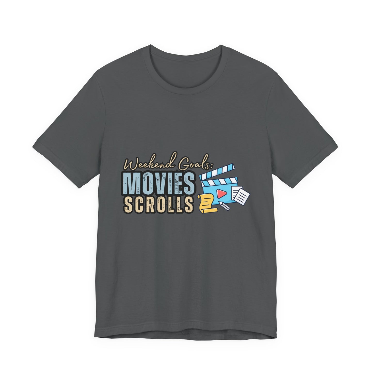 Weekend Vibes Movies Scrolls Tee - Unisex Jersey Short Sleeve Shirt for Movie Lovers, Casual Wear, Gifting, Relaxing Nights, Fun Movie [...]