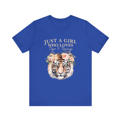 Just a Girl Who Loves Tiger Short Sleeve Tee, Animal Lover Shirt, Floral Graphic Tee, Casual Wear, Birthday Gift, Nature Enthusiast