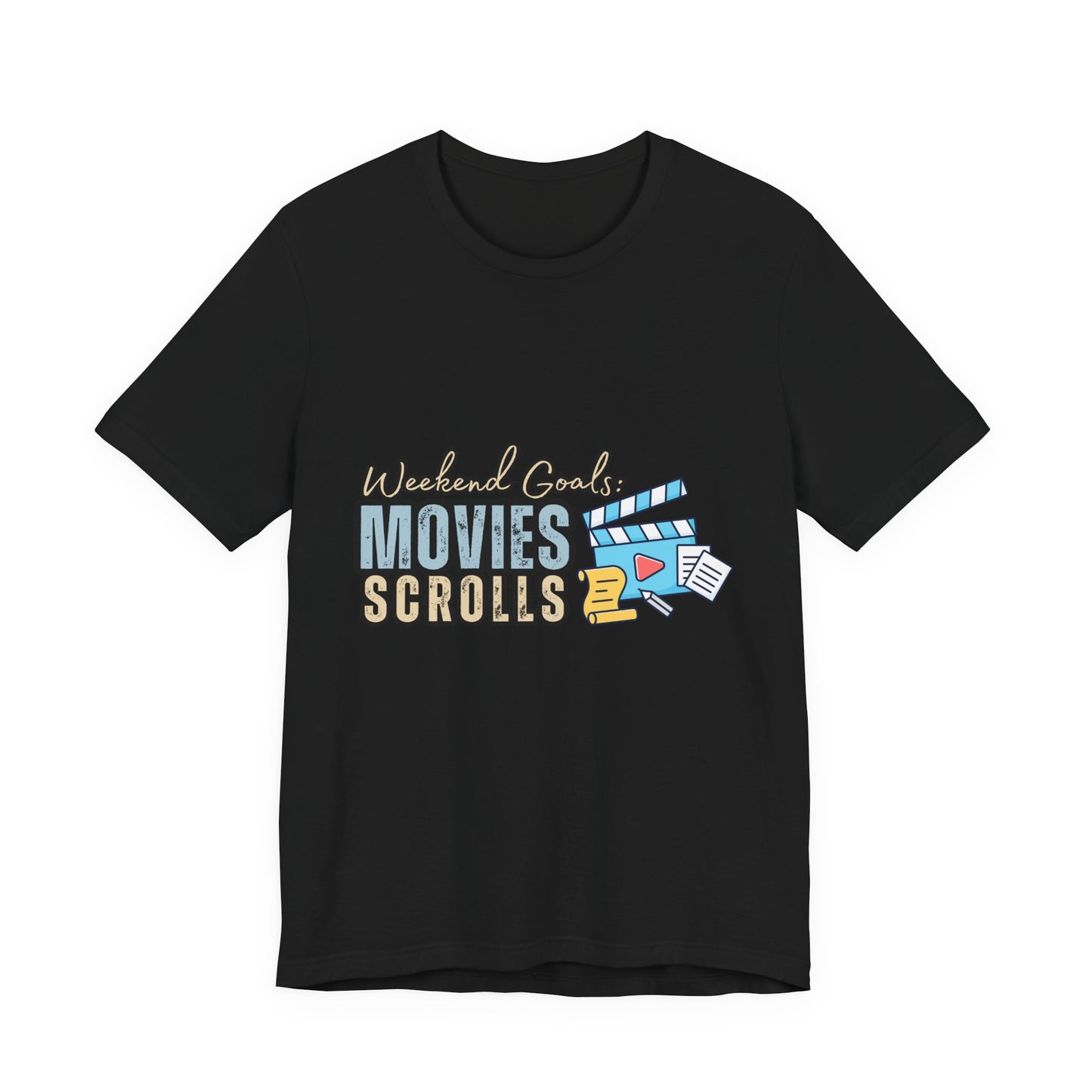 Weekend Vibes Movies Scrolls Tee - Unisex Jersey Short Sleeve Shirt for Movie Lovers, Casual Wear, Gifting, Relaxing Nights, Fun Movie [...]