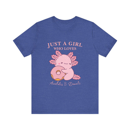 Just a Girl Who Loves Donuts Tee, Cute Graphic T-Shirt, Foodie Gift, Unisex Short Sleeve Shirt, Doughnut Lover Apparel, Fun Casual Wear, Axolotis Tee