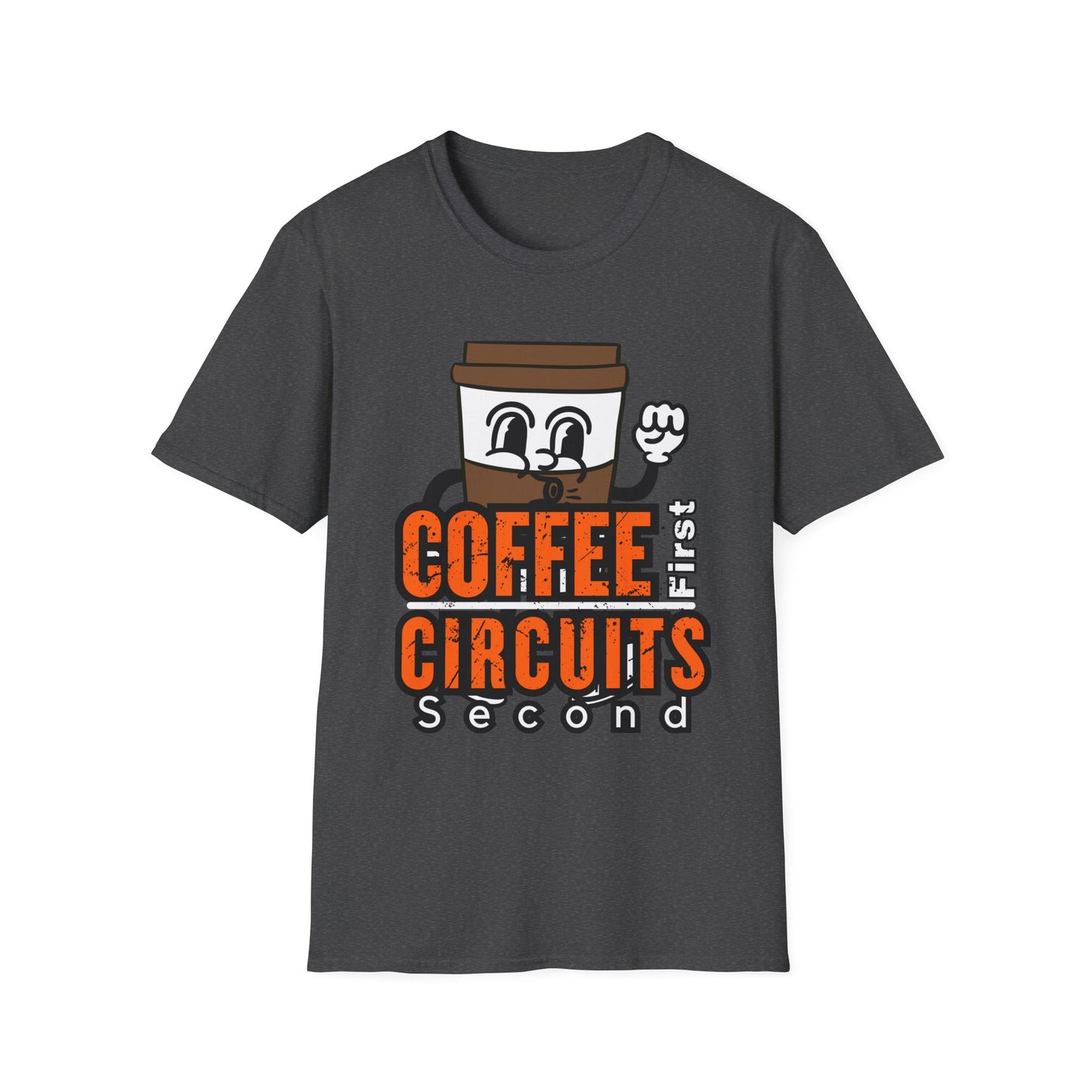 Coffee First Circuits Second Cartoon Unisex T-Shirt, Funny Coffee Tee, Gift for Engineers, Electrician T-shirt