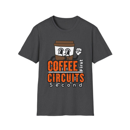 Coffee First Circuits Second Cartoon Unisex T-Shirt, Funny Coffee Tee, Gift for Engineers, Electrician T-shirt