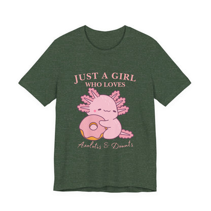 Just a Girl Who Loves Donuts Tee, Cute Graphic T-Shirt, Foodie Gift, Unisex Short Sleeve Shirt, Doughnut Lover Apparel, Fun Casual Wear, Axolotis Tee