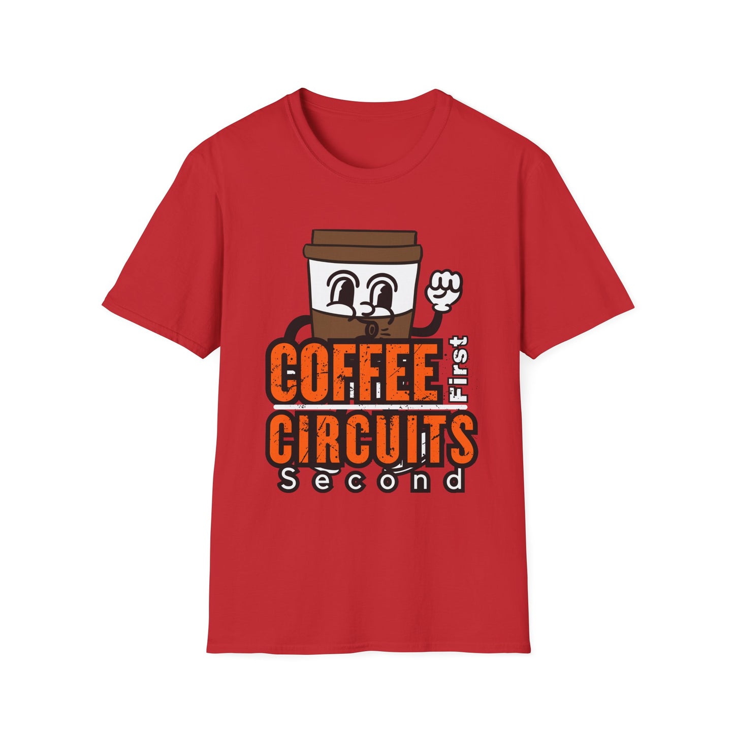 Coffee First Circuits Second Cartoon Unisex T-Shirt, Funny Coffee Tee, Gift for Engineers, Electrician T-shirt
