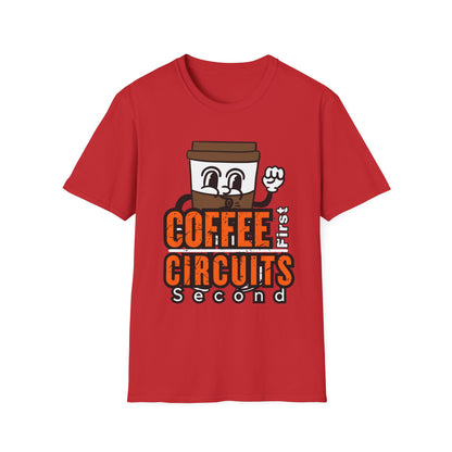 Coffee First Circuits Second Cartoon Unisex T-Shirt, Funny Coffee Tee, Gift for Engineers, Electrician T-shirt