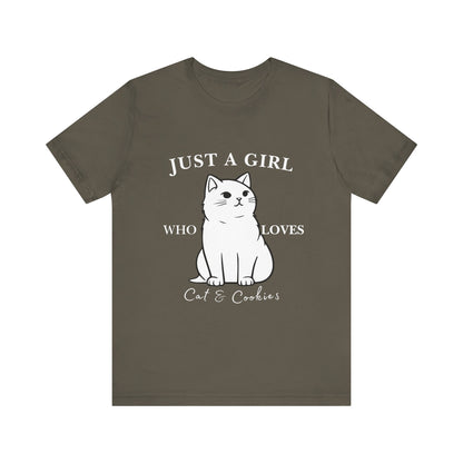 Cat Lover's Tee - 'Just a Girl Who Loves Cats & Cookies', Gift for Cat Mom, Cute Soft T-Shirt, Animal Lover Apparel, Birthday Gift