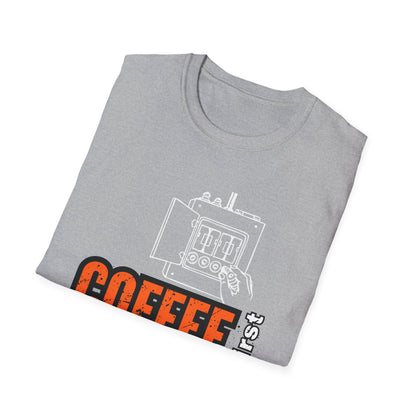 Coffee First Circuits Panel Second Unisex Softstyle T-Shirt | Electrician Shirt | Electrician T-Shirt | Electrician Gift