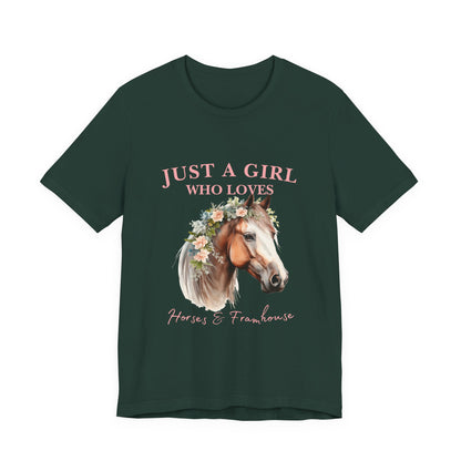 Just a Girl Who Loves Horses Jersey Tee | Equestrian Gift | Horse Lover T-Shirt | Floral Graphic Tee | Birthday Gift
