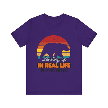 Retro Bear Graphic Tee - 'Leveling Up in Real Life is Overrated', Casual Wear, Gifts for Nature Lovers, Outdoor Adventures, Everyday Style, Gamer Tee