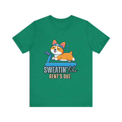 Funny Corgi Workout Tee - 'Sweatin' Like Rent's Due', Gift for Dog Lovers, Pet Enthusiasts, Gym Enthusiasts, Humor T-Shirt, Casual Clothing