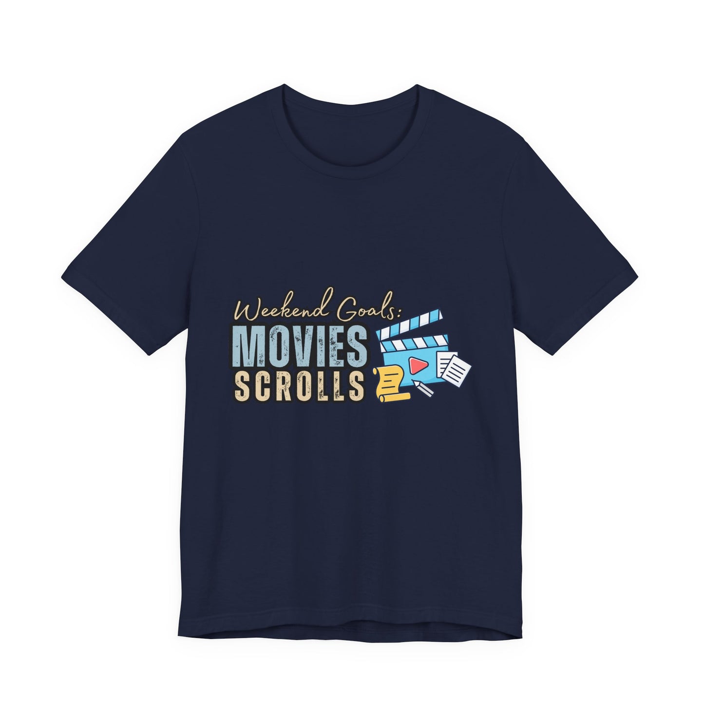 Weekend Vibes Movies Scrolls Tee - Unisex Jersey Short Sleeve Shirt for Movie Lovers, Casual Wear, Gifting, Relaxing Nights, Fun Movie [...]