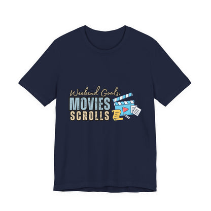Weekend Vibes Movies Scrolls Tee - Unisex Jersey Short Sleeve Shirt for Movie Lovers, Casual Wear, Gifting, Relaxing Nights, Fun Movie [...]