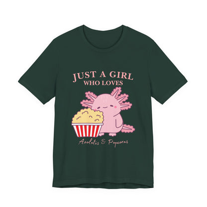 Cute Axolotl Love Popcorn Tee, Fun T-Shirt for Aquatic Lovers, Gift for Pet Lovers, Unique Animal Shirt, Casual Wear, Pop Culture Tee