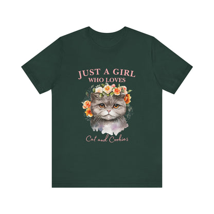 Just a Girl Who Loves Cats and Cookies Tee - Cute Cat Lover Shirt, Gift for Cat Moms, Funny Pet Apparel, Birthday Gift, Relaxed Fit T-Shirt