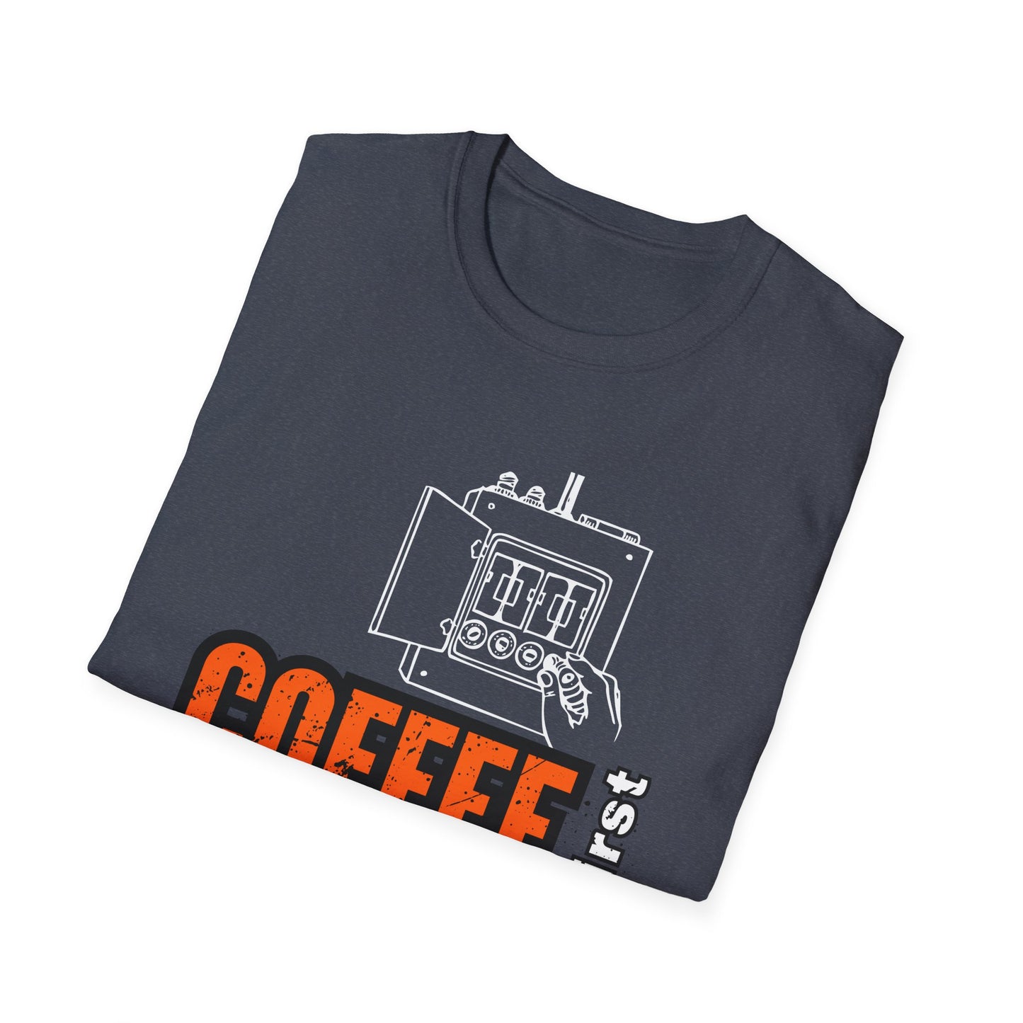 Coffee First Circuits Panel Second Unisex Softstyle T-Shirt | Electrician Shirt | Electrician T-Shirt | Electrician Gift