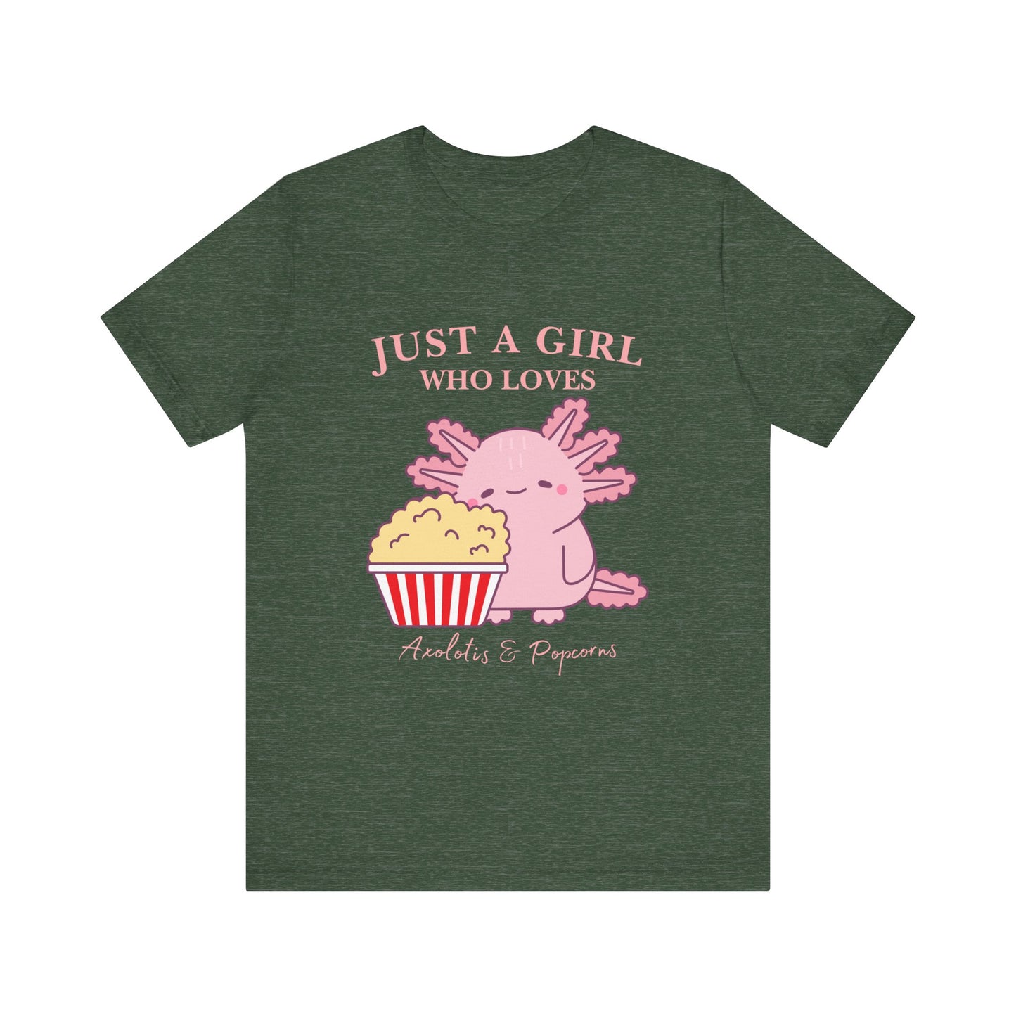 Cute Axolotl Love Popcorn Tee, Fun T-Shirt for Aquatic Lovers, Gift for Pet Lovers, Unique Animal Shirt, Casual Wear, Pop Culture Tee