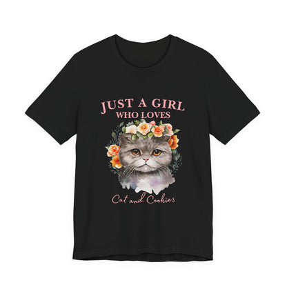 Just a Girl Who Loves Cats and Cookies Tee - Cute Cat Lover Shirt, Gift for Cat Moms, Funny Pet Apparel, Birthday Gift, Relaxed Fit T-Shirt