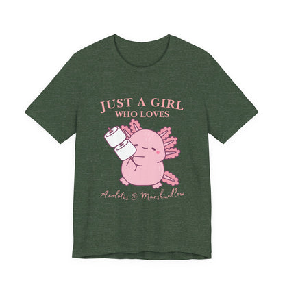 Just a Girl Who Loves Axolotls Tee, Cute Graphic T-Shirt, Unisex Casual Wear, Animal Lovers Gift, Birthday Present, Axolotis and Marshmellow