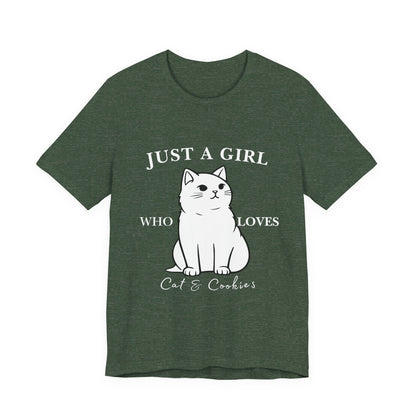 Cat Lover's Tee - 'Just a Girl Who Loves Cats & Cookies', Gift for Cat Mom, Cute Soft T-Shirt, Animal Lover Apparel, Birthday Gift