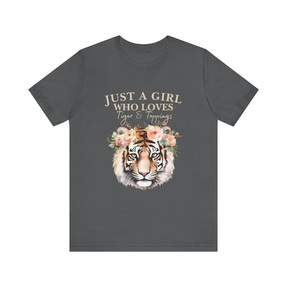 Just a Girl Who Loves Tiger Short Sleeve Tee, Animal Lover Shirt, Floral Graphic Tee, Casual Wear, Birthday Gift, Nature Enthusiast
