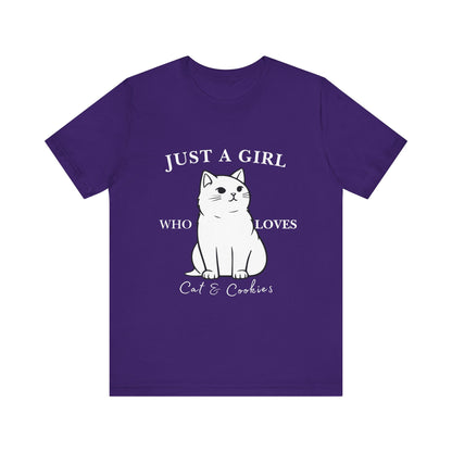 Cat Lover's Tee - 'Just a Girl Who Loves Cats & Cookies', Gift for Cat Mom, Cute Soft T-Shirt, Animal Lover Apparel, Birthday Gift